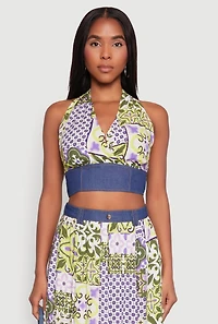 Womens Denim Detail Patterned Halter Top, Multi, Size M