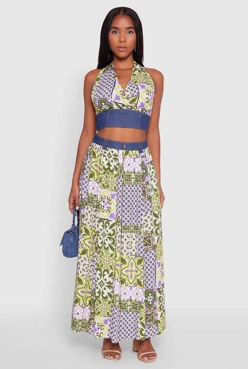 Denim Detail Patterned Halter Top