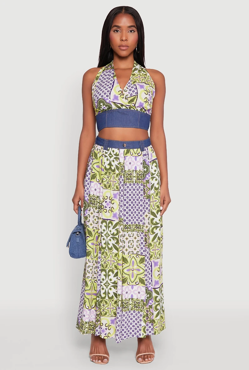 Denim Detail Patterned Halter Top