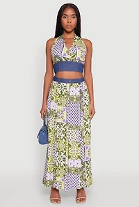 Denim Detail Patterned Halter Top