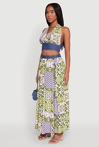 Womens Denim Detail Patterned Halter Top, Multi, Size M