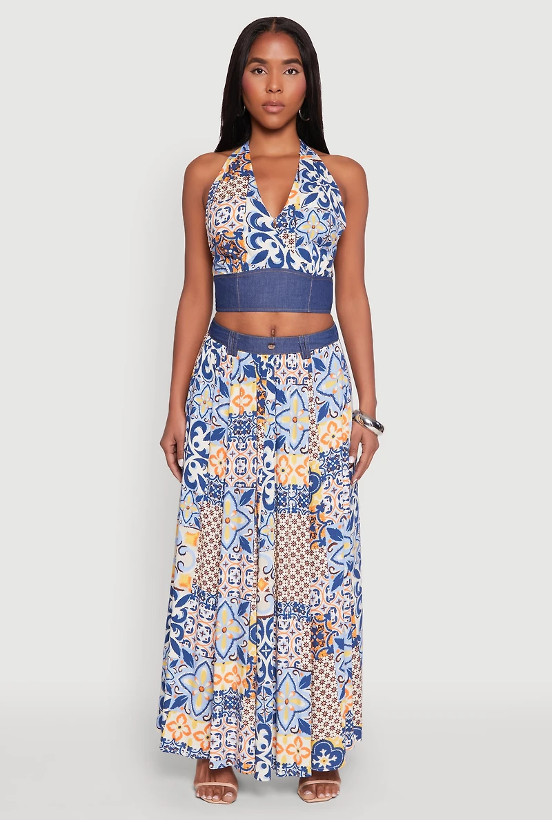Denim Waist Patterned Maxi Skirt