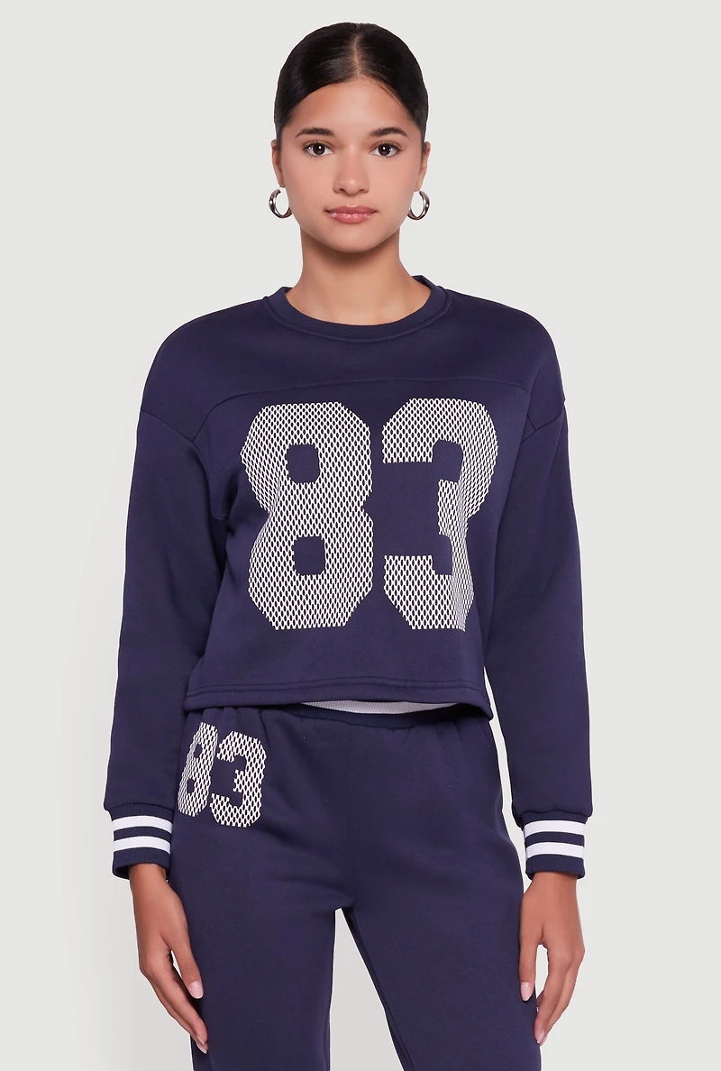Womens 83 Graphic Long Sleeve Pullover Sweatshirt, Blue, Size L