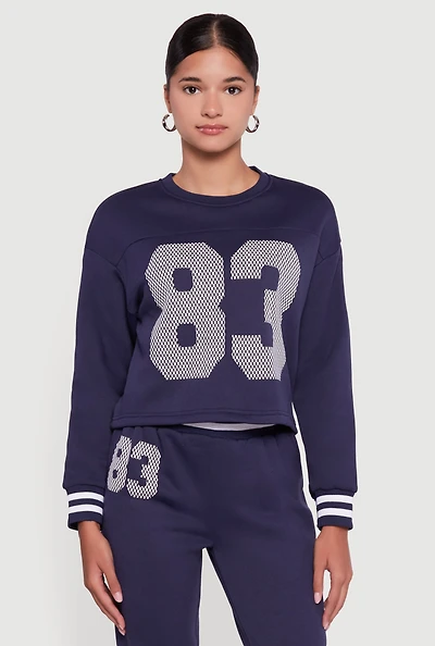 Womens 83 Graphic Long Sleeve Pullover Sweatshirt, Blue, Size L