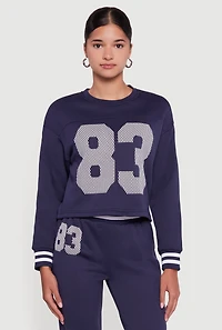 Womens 83 Graphic Long Sleeve Pullover Sweatshirt, Blue, Size L