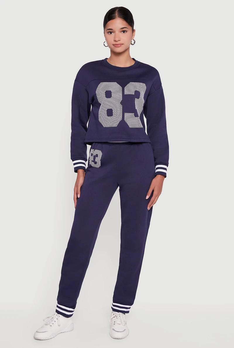 Womens 83 Graphic Long Sleeve Pullover Sweatshirt, Blue, Size L