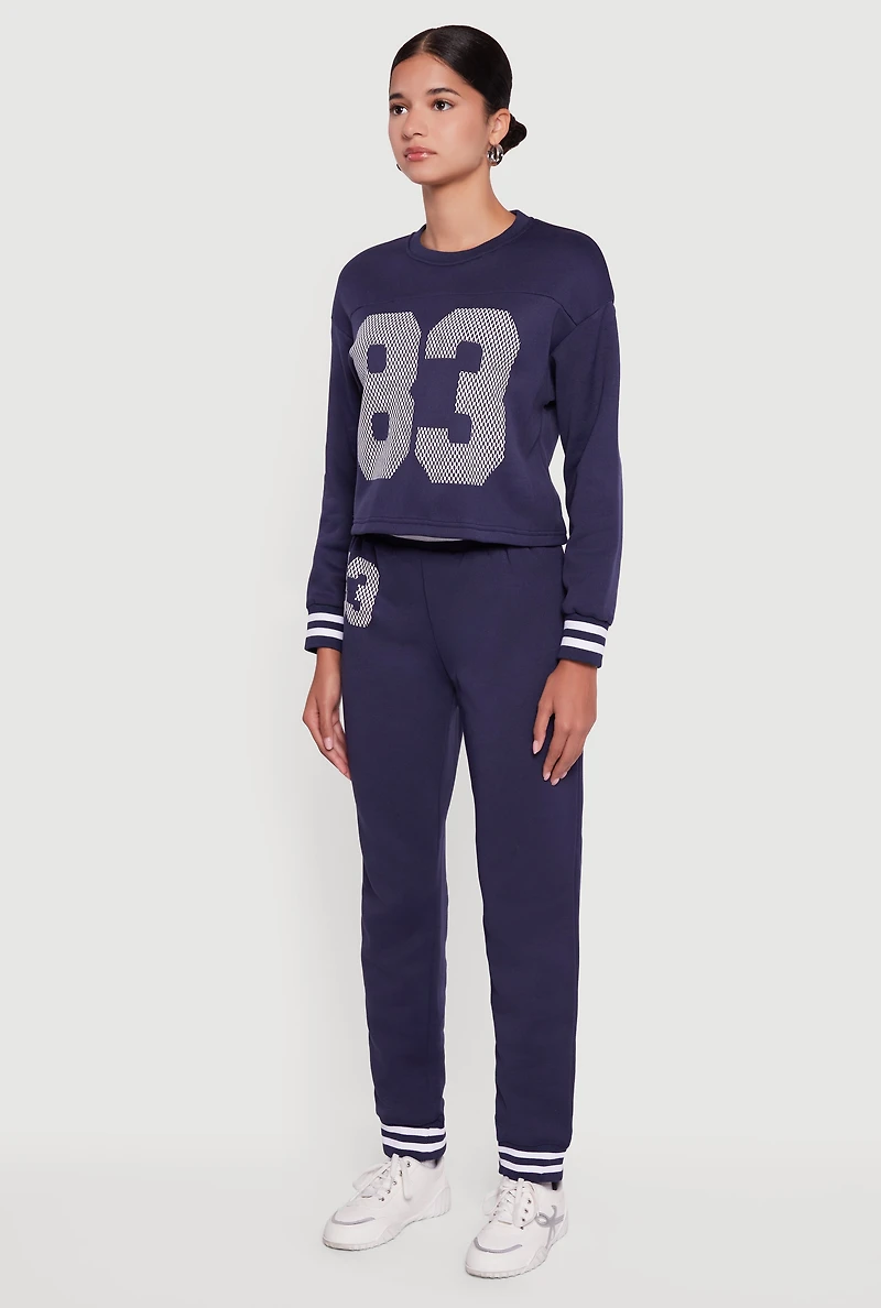 Womens 83 Graphic Long Sleeve Pullover Sweatshirt, Blue, Size L