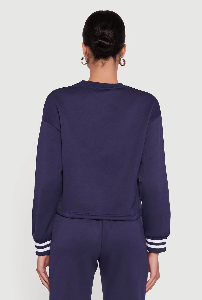 Womens 83 Graphic Long Sleeve Pullover Sweatshirt, Blue, Size L