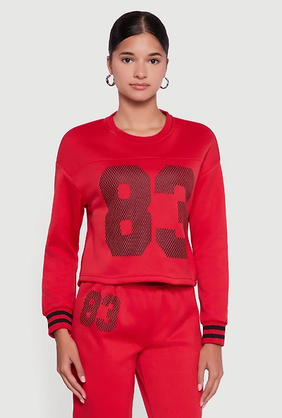 Womens 83 Graphic Long Sleeve Pullover Sweatshirt, Red, Size L