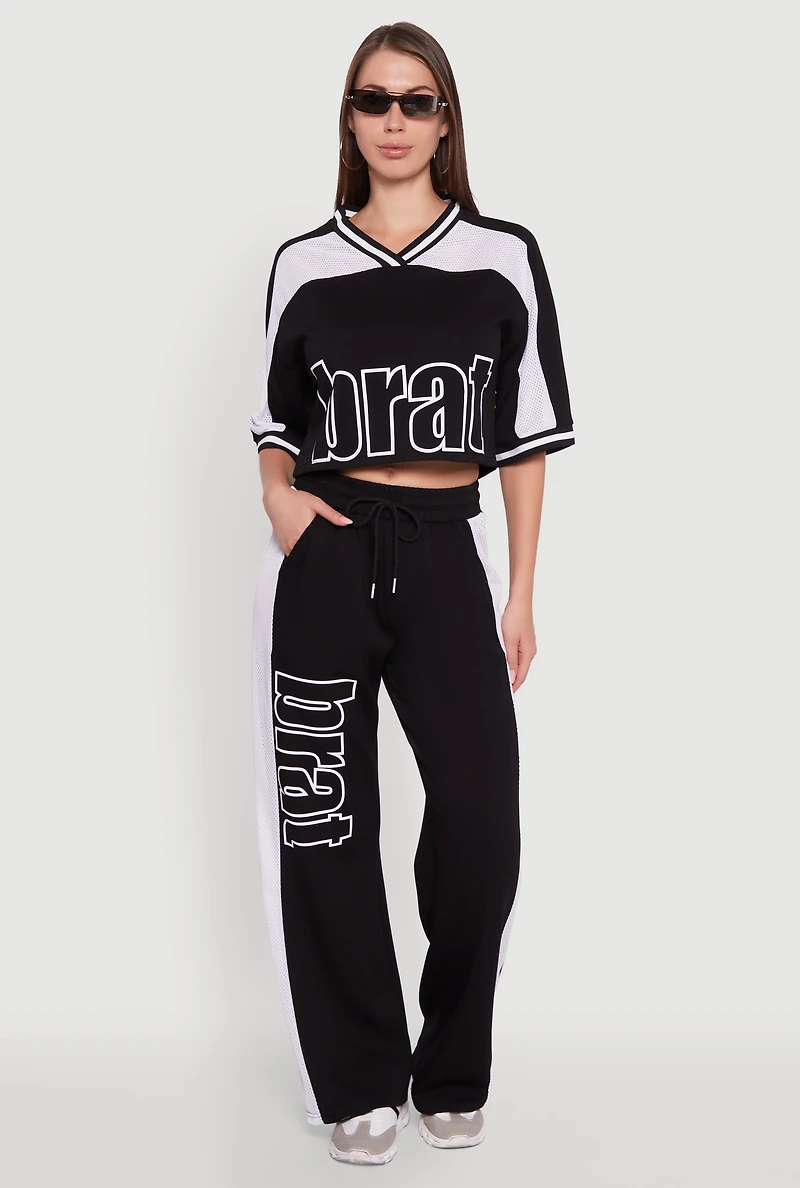 Womens Brat Graphic High Waisted Wide Leg Active Pants, Black,