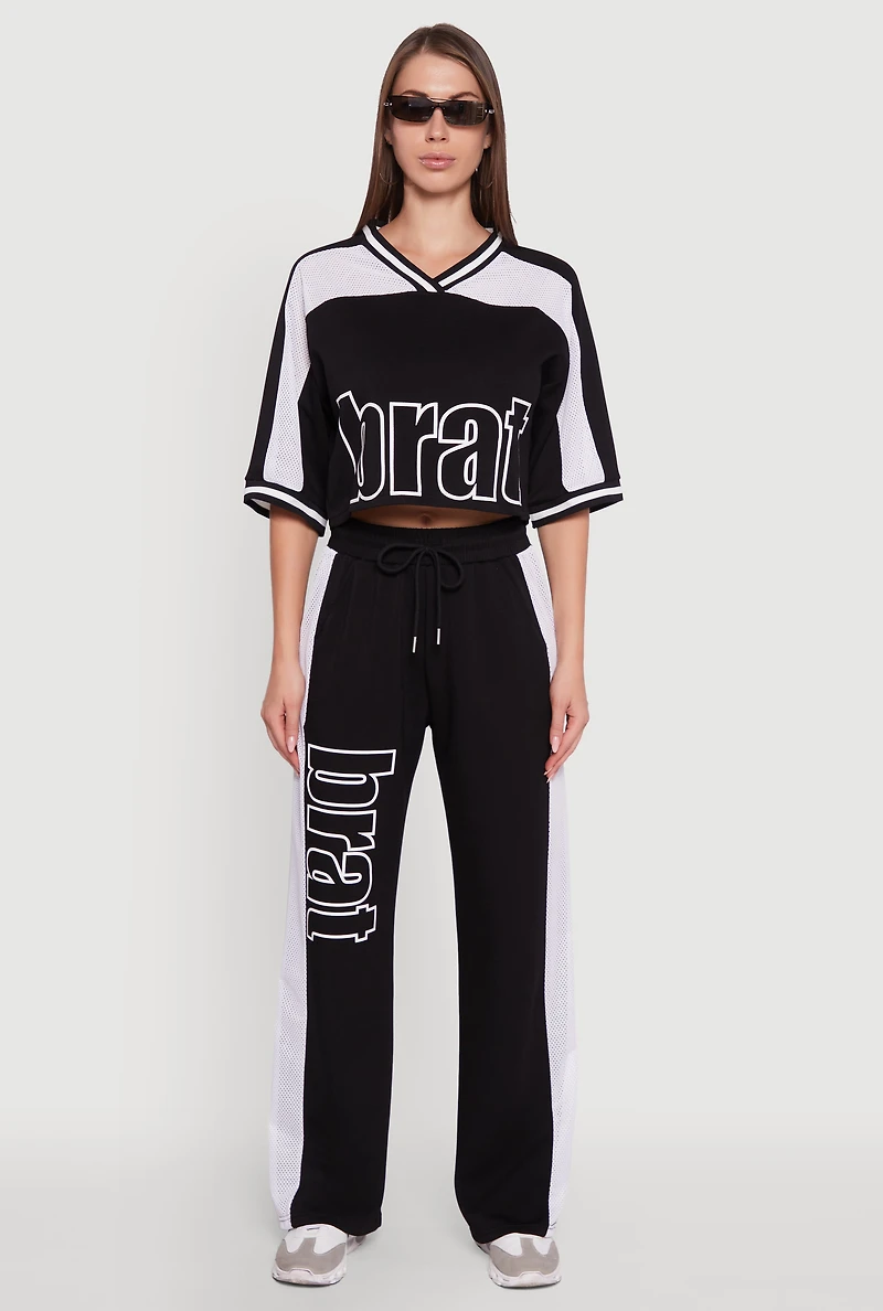 Womens Brat Graphic High Waisted Wide Leg Active Pants, Black,