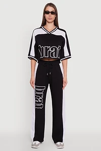 Womens Brat Graphic High Waisted Wide Leg Active Pants, Black,
