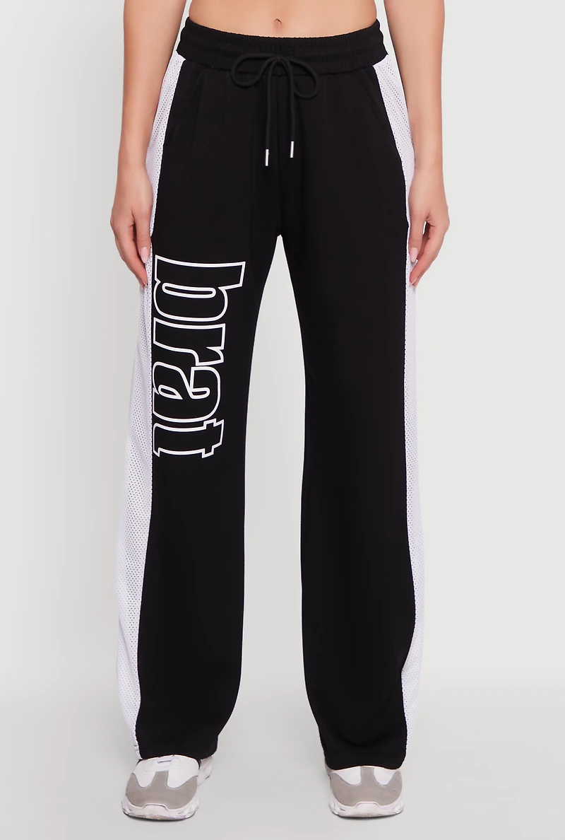 Womens Brat Graphic High Waisted Wide Leg Active Pants, Black,