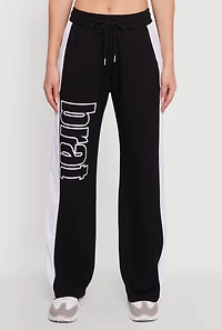 Womens Brat Graphic High Waisted Wide Leg Active Pants, Black,