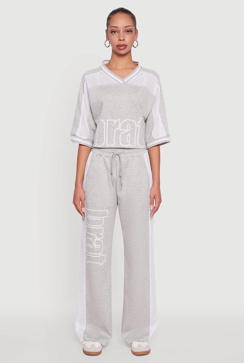 Womens Brat Graphic High Waisted Wide Leg Active Pants, Grey, Size L