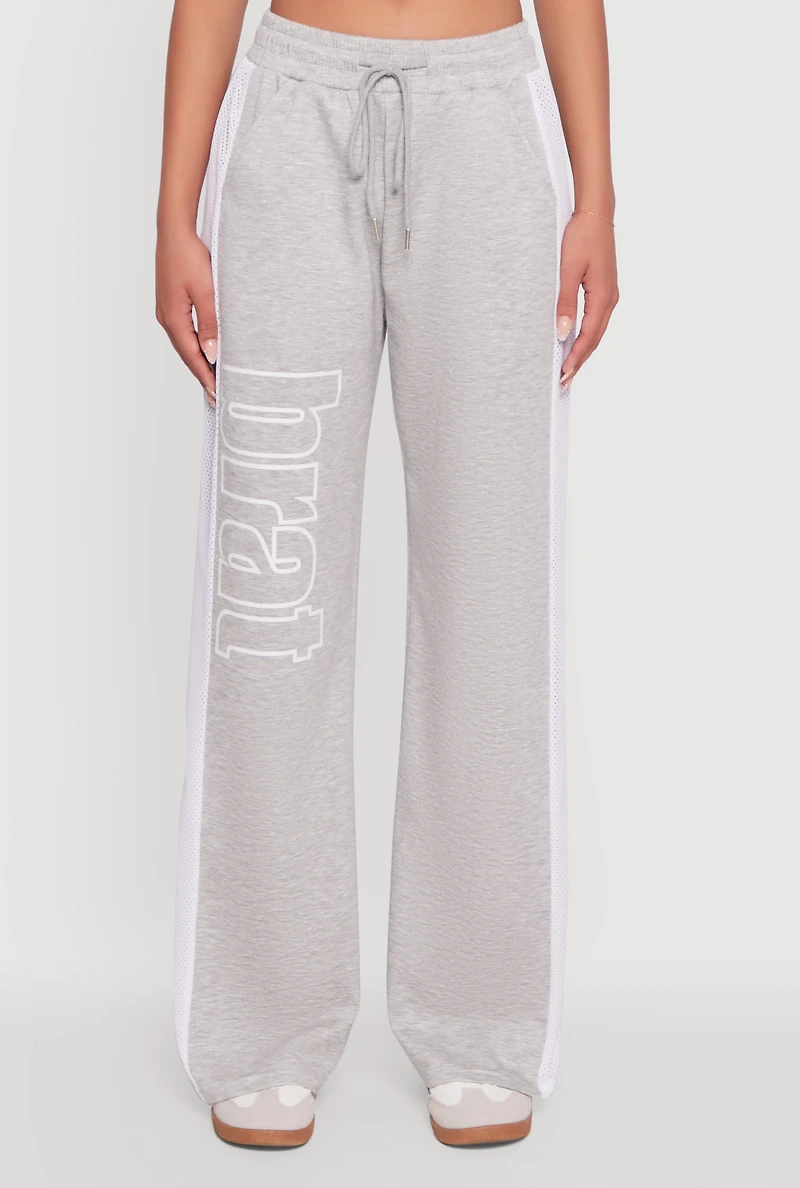 Womens Brat Graphic High Waisted Wide Leg Active Pants, Grey, Size L