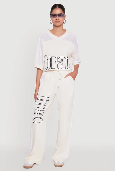 Womens Brat Graphic High Waisted Wide Leg Active Pants, White, Size S