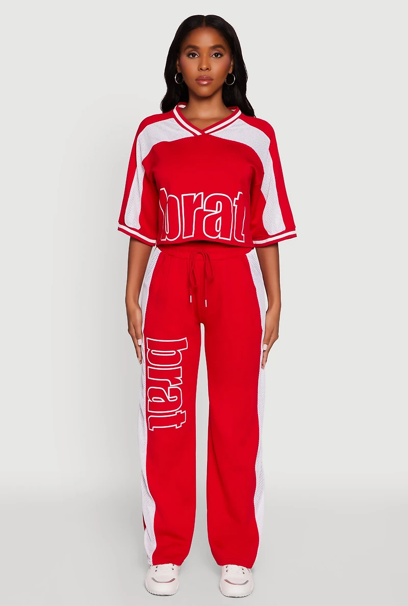 Womens Brat Graphic High Waisted Wide Leg Active Pants, Red, Size XL