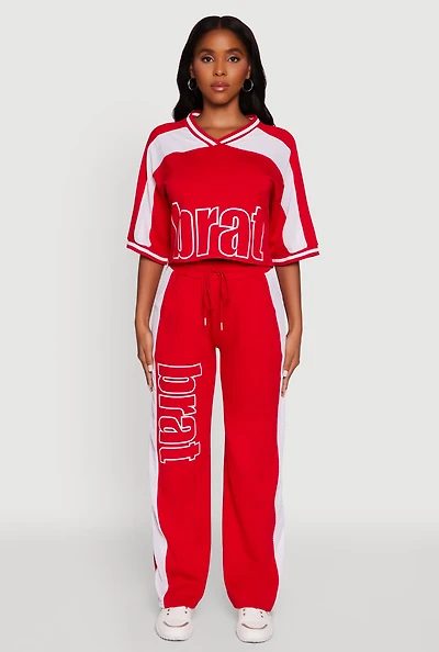 Womens Brat Graphic High Waisted Wide Leg Active Pants, Red, Size XL