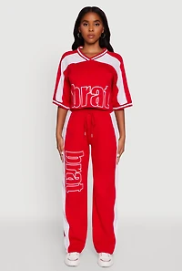 Womens Brat Graphic High Waisted Wide Leg Active Pants, Red, Size XL