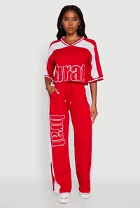 Womens Brat Graphic High Waisted Wide Leg Active Pants, Red, Size XL