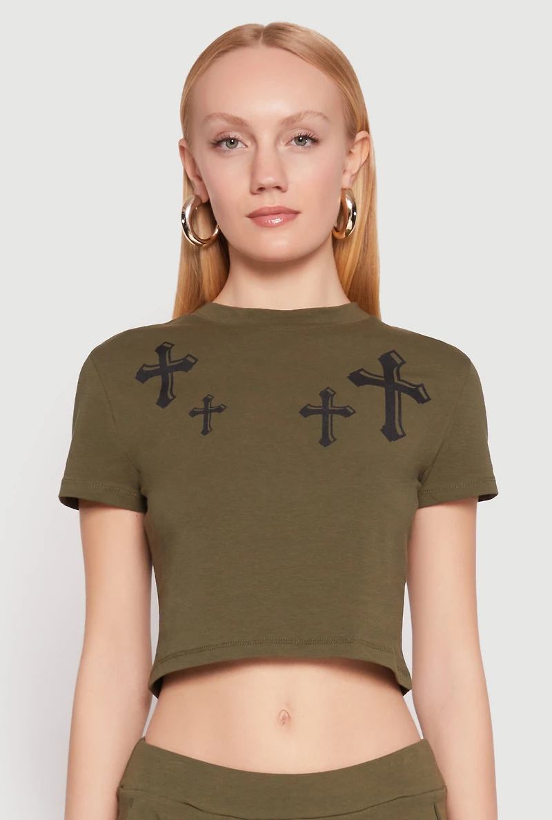 Womens Short Sleeve Cross Graphic Tee, Green, Size L