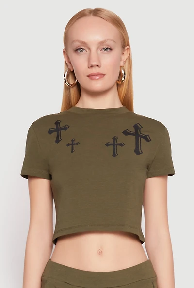 Womens Short Sleeve Cross Graphic Tee, Green, Size L