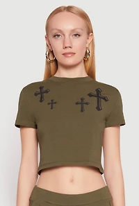 Womens Short Sleeve Cross Graphic Tee, Green, Size L