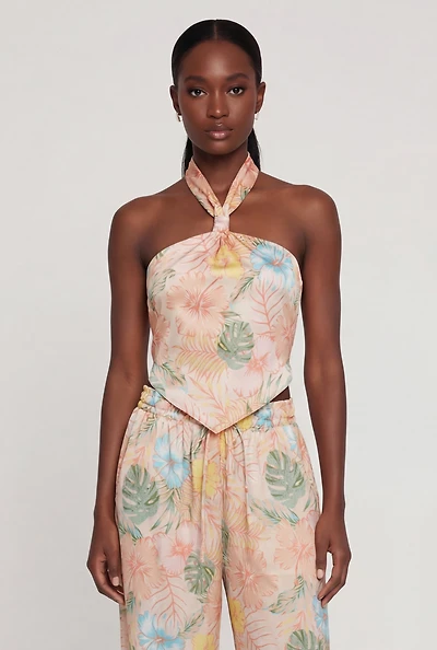 Satin Floral Halter Top with Tie Back