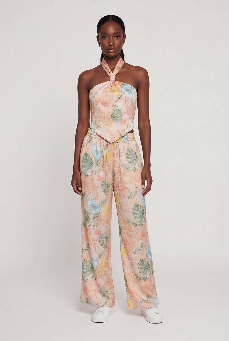 Satin Floral Halter Top with Tie Back