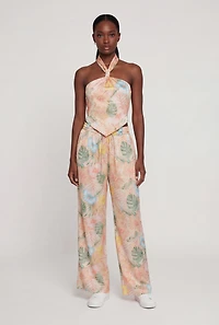 Satin Floral Halter Top with Tie Back