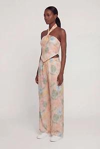 Satin Floral Halter Top with Tie Back