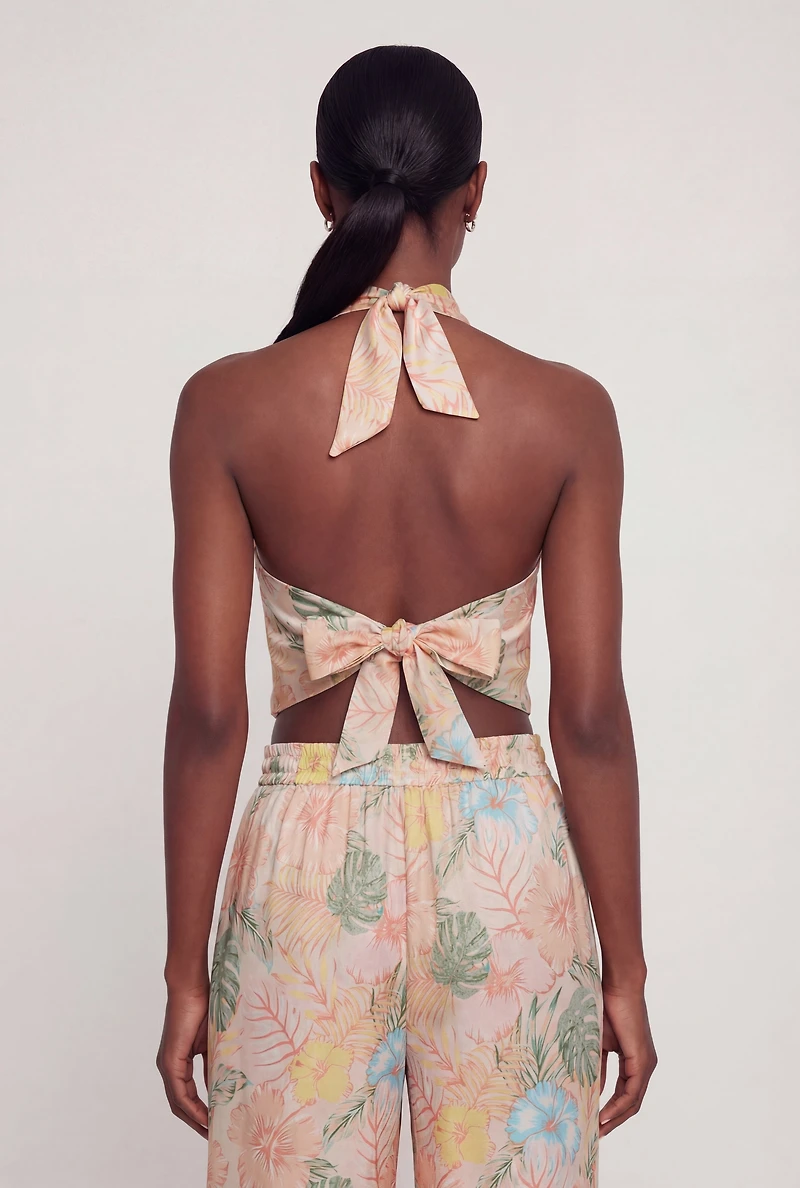 Satin Floral Halter Top with Tie Back