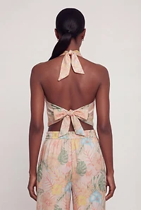 Satin Floral Halter Top with Tie Back