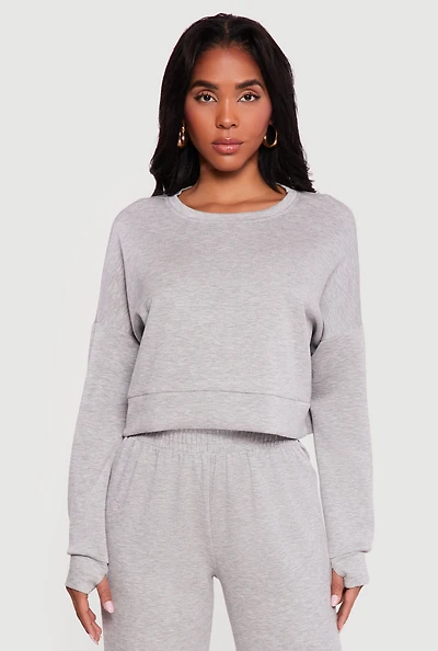 Cropped Pullover Sweatshirt with Thumbholes
