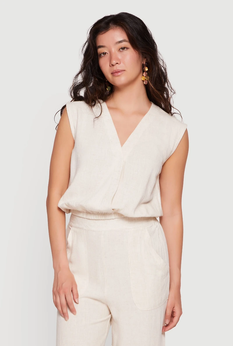 Linen Faux Wrap Cinched Waist Crop Top