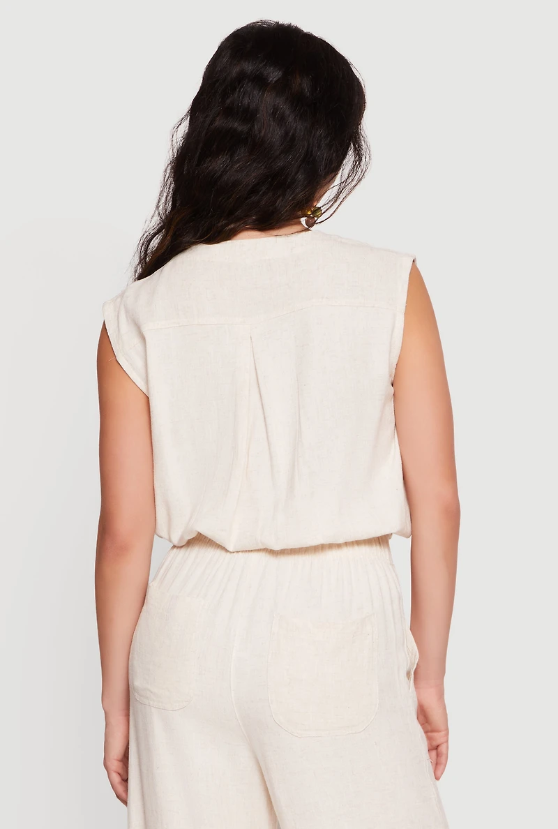 Linen Faux Wrap Cinched Waist Crop Top