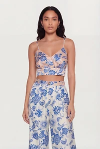 Floral Satin Print Faux Wrap Crop Top