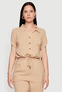 Drawstring Hem Cropped Short Sleeve Button Front Shirt