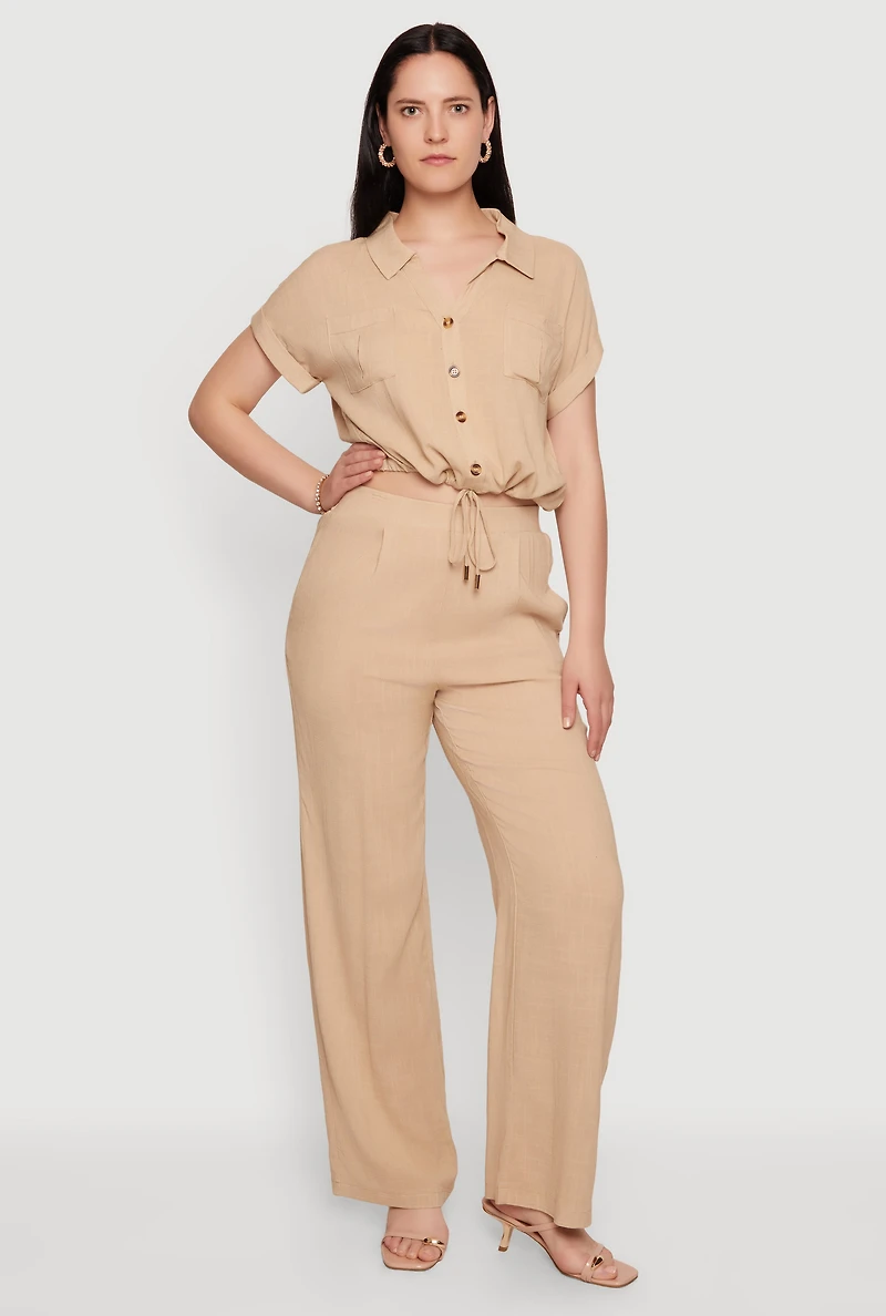 Drawstring Hem Cropped Short Sleeve Button Front Shirt