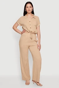 Drawstring Hem Cropped Short Sleeve Button Front Shirt