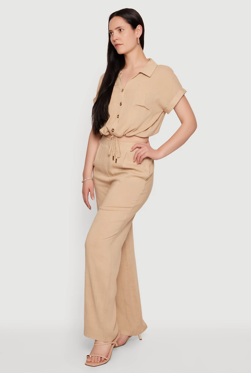 Drawstring Hem Cropped Short Sleeve Button Front Shirt