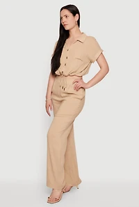 Drawstring Hem Cropped Short Sleeve Button Front Shirt