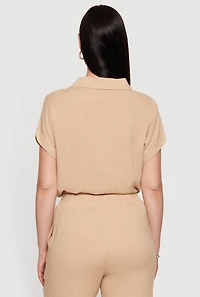 Drawstring Hem Cropped Short Sleeve Button Front Shirt