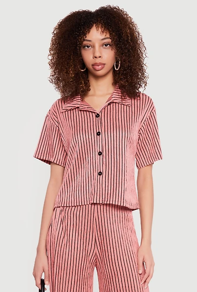 Striped Plisse Short Sleeve Button Front Shirt