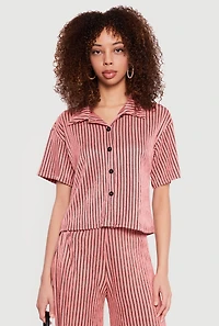 Striped Plisse Short Sleeve Button Front Shirt