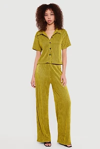 Plisse Striped Wide Leg Pants