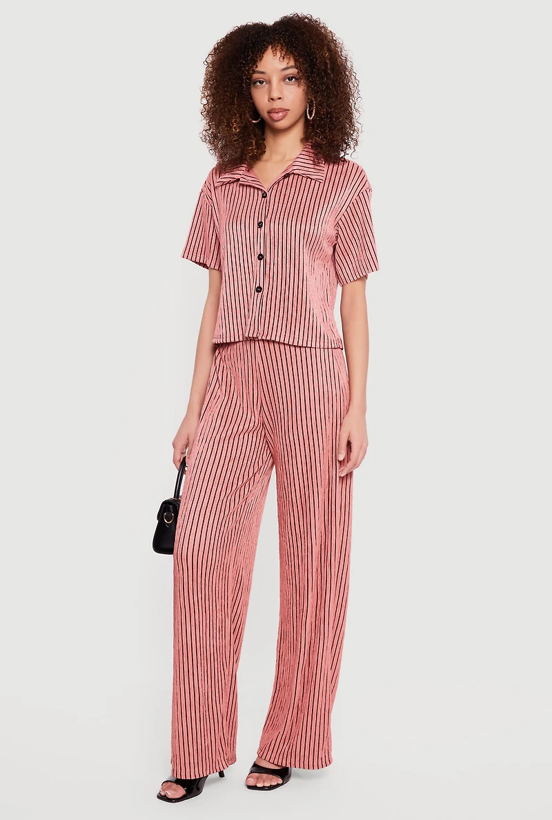 Plisse Striped Wide Leg Pants
