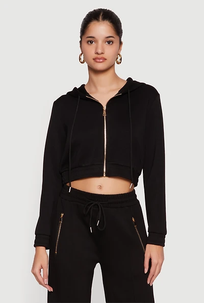 Cropped Long Sleeve Zip Front Drawstring Hoodie