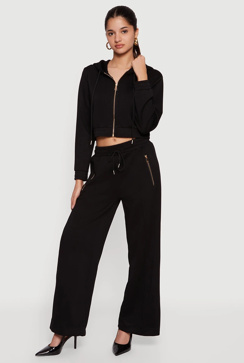 Cropped Long Sleeve Zip Front Drawstring Hoodie